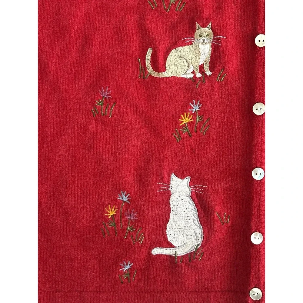 Vintage Northern Isles‎ Cardigan Sweater Red Embroidered Cats Whimsy Large